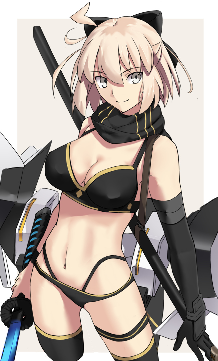 ahoge bare_shoulders bikini black_bikini black_bow black_gloves black_scarf black_thighhighs blonde_hair bow breasts cleavage elbow_gloves fate/grand_order fate_(series) female gloves hairbow half_updo highleg highleg_bikini highres jetpack katana large_breasts layered_bikini looking_at_viewer navel okita_j._souji_(fate) okita_j._souji_(first_ascension)_(fate) okita_souji_(fate) scarf short_hair single_glove smile solo swimsuit sword takeuchi_takashi_(style) thigh_strap thighhighs thighs weapon wristband yellow_eyes yuchio