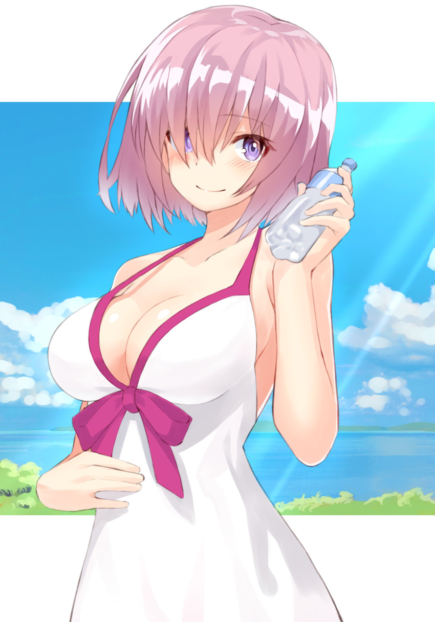 absurdres bare_shoulders blue_sky bottle breasts cleavage collarbone dress dress_swimsuit fate/grand_order fate_(series) female hair_over_one_eye highres large_breasts light_purple_hair light_rays looking_at_viewer mash_kyrielight mash_kyrielight_(swimsuit_of_perpetual_summer) ocean outdoors purple_eyes short_hair shunichi sky smile solo water_bottle white_dress