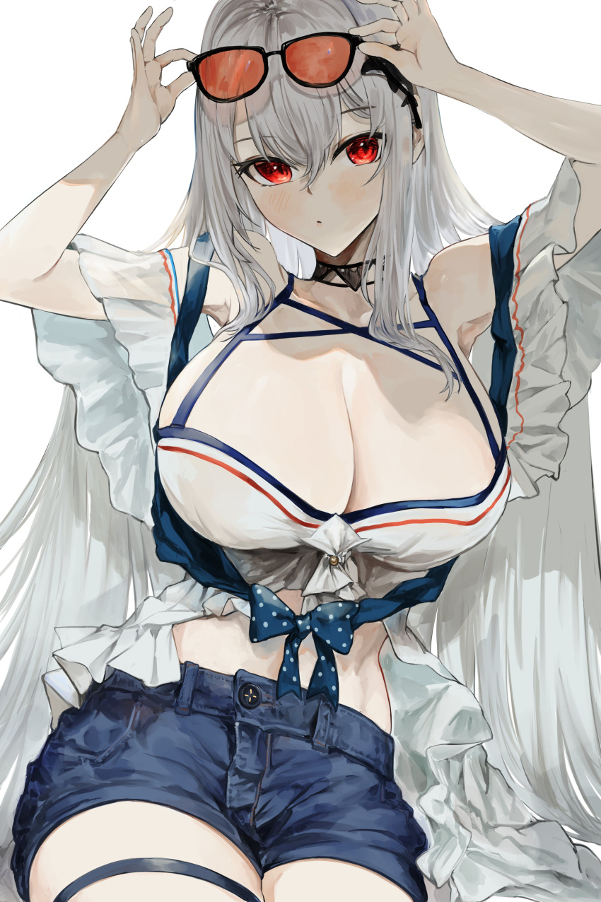 :o absurdres adjusting_eyewear arknights armpits arms_up bikini bikini_top_only blue_shorts blush breasts cleavage commentary cowboy_shot eyewear_on_head female front-tie_bikini_top front-tie_top highres kajuu large_breasts long_hair looking_at_viewer off-shoulder_shirt off_shoulder official_alternate_costume open_clothes open_shirt orange-tinted_eyewear orca_hair_ornament red_eyes shirt shorts skadi_(arknights) skadi_(waverider)_(arknights) solo sunglasses swimsuit thigh_strap tinted_eyewear white_bikini white_hair white_shirt