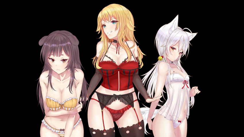 3girls animal_ears black_background blonde_hair blue_eyes bra braid breasts brown_eyes brown_hair choker dog_ears dog_girl english_commentary fox_ears fox_girl frilled_bra frilled_panties frills highres hoshino_char inukai_purin kamiko_kana large_breasts lingerie long_hair looking_at_viewer looking_down looking_to_the_side medium_breasts medium_hair multicolored_hair multiple_girls oerba_yun_fang pandas_(atpandas) panties red_hair red_panties skin_fang small_breasts smile streaked_hair thighhighs tsunderia underwear virtual_youtuber white_bra white_hair white_panties yellow_bra yellow_panties