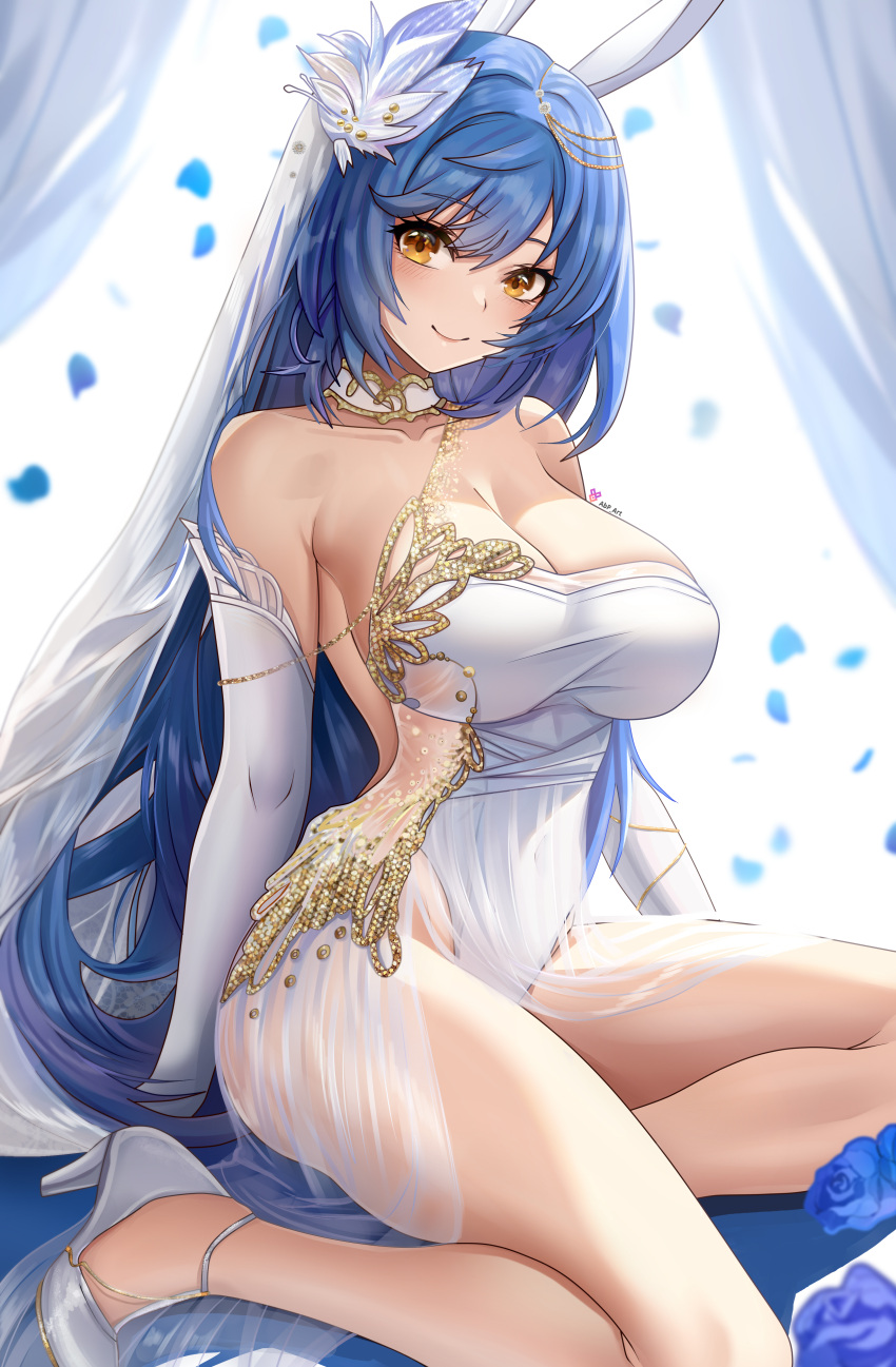 abpart absurdres animal_ears bare_shoulders blue_hair blush breasts cleavage closed_mouth collarbone commentary dress elbow_gloves english_commentary falling_petals female girls'_frontline gloves hair_ornament high_heels highres large_breasts long_hair looking_at_viewer petals rabbit_ears smile solo tar-21_(girls'_frontline) thighs white_dress white_footwear white_gloves yellow_eyes