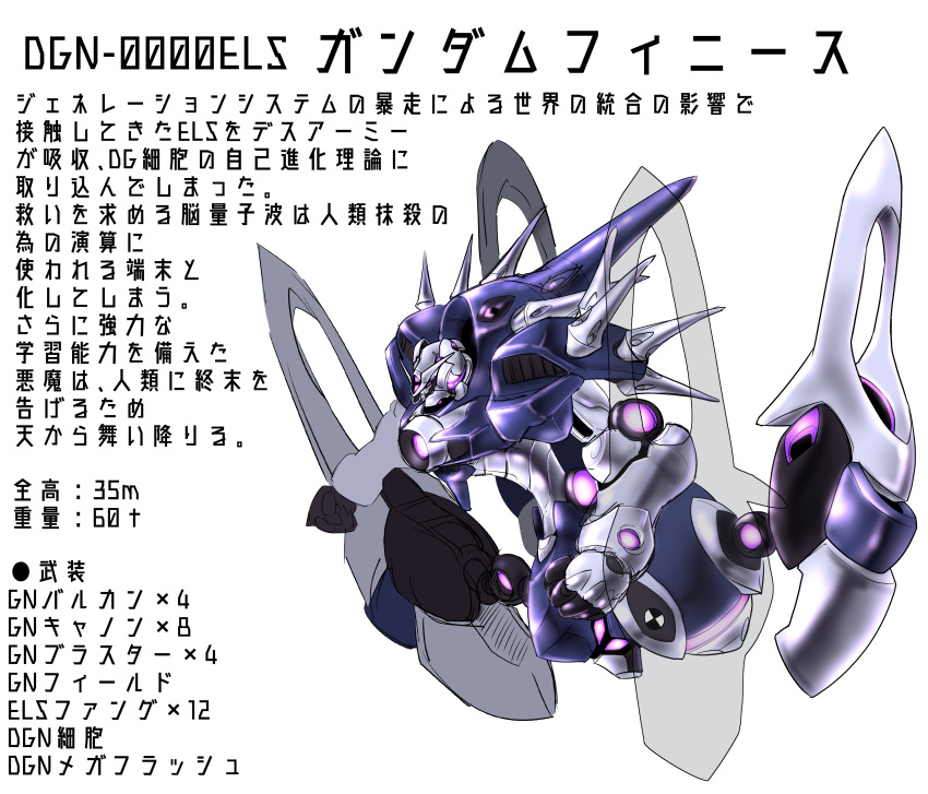 absurdres cinnamon_sabaku commentary devil_gundam els g_gundam gundam gundam_00 highres mecha mecha_focus missile_pod no_humans no_pupils purple_eyes robot science_fiction spikes super_robot translation_request