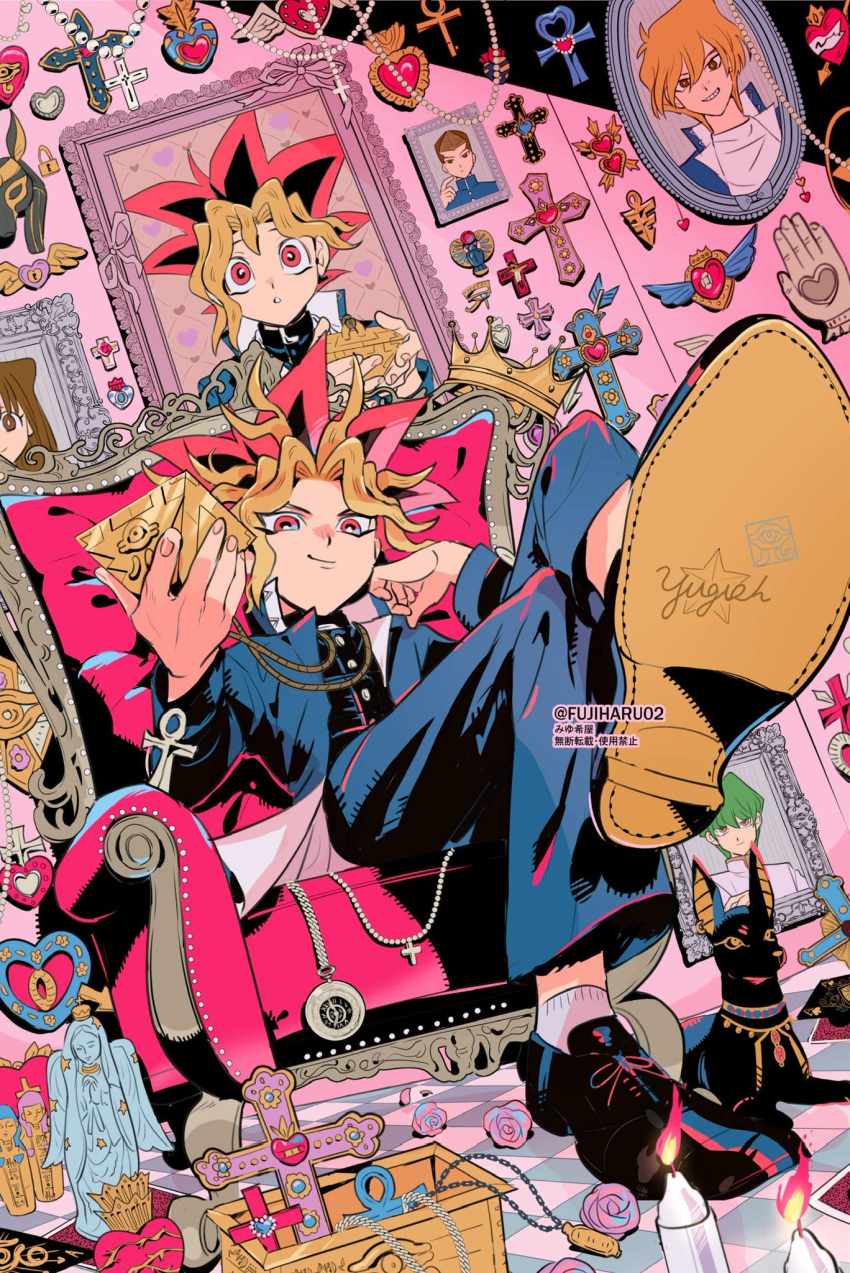 1boy ankh candle chair cross crossed_legs fujiharu_(akamine) highres honda_hiroto jonouchi_katsuya kaiba_seto looking_at_viewer male_focus mazaki_anzu millennium_puzzle muto_yugi painting_(object) signature twitter_username yami_yugi yu-gi-oh! yu-gi-oh!_(toei)