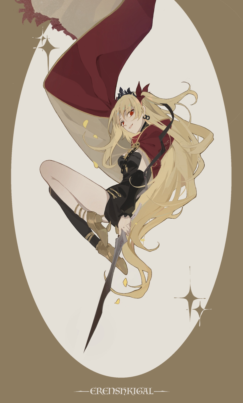 absurdres blonde_hair cape character_name commentary earrings ereshkigal_(fate) falling_petals fate/grand_order fate_(series) female high_heels highres holding holding_weapon jewelry knees_up left-handed long_hair looking_at_viewer meslamtaea_(weapon) nizle petals red_eyes single_thighhigh smile solo sparkle thighhighs tiara weapon yellow_petals