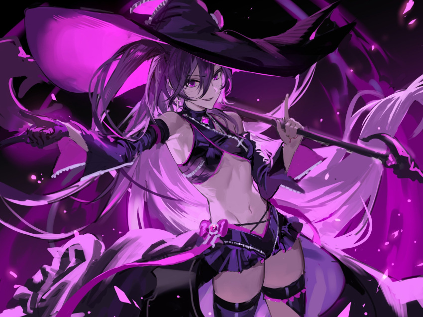 aisha_landar bare_shoulders black_gloves black_hat black_sleeves breasts commentary_request cross cross_earrings detached_sleeves earrings elsword female floating_hair gloves hair_between_eyes hat highres holding holding_staff holding_weapon jewelry korean_commentary large_hat long_hair looking_at_viewer navel oz_sorcerer_(elsword) purple_eyes purple_hair small_breasts solo staff stomach underboob very_long_hair weapon witch_hat xxyrddel zipper