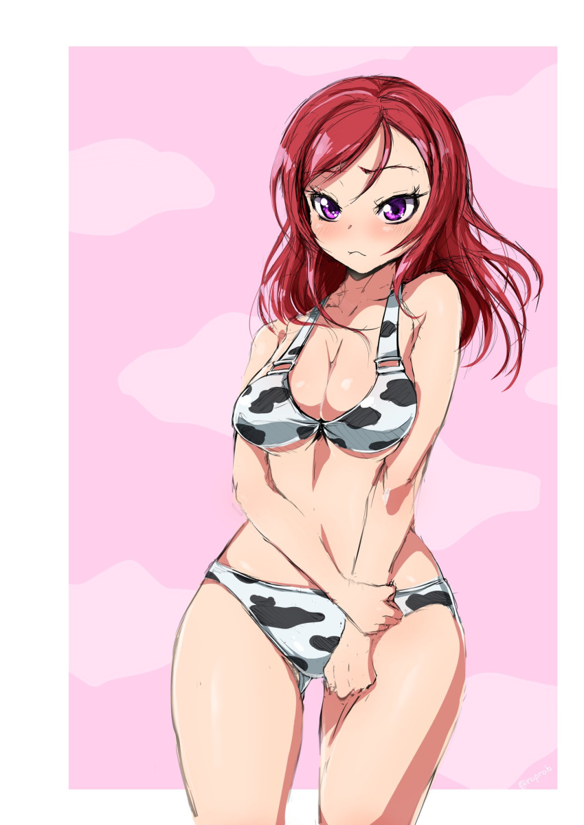 animal_print bikini border breasts cloud_background commentary cow_print cowboy_shot female highres large_breasts long_hair looking_at_viewer love_live! love_live!_school_idol_project medium_breasts nishikino_maki pink_background purple_eyes red_hair solo swimsuit white_bikini white_border yatarou_(rapidrabbit)