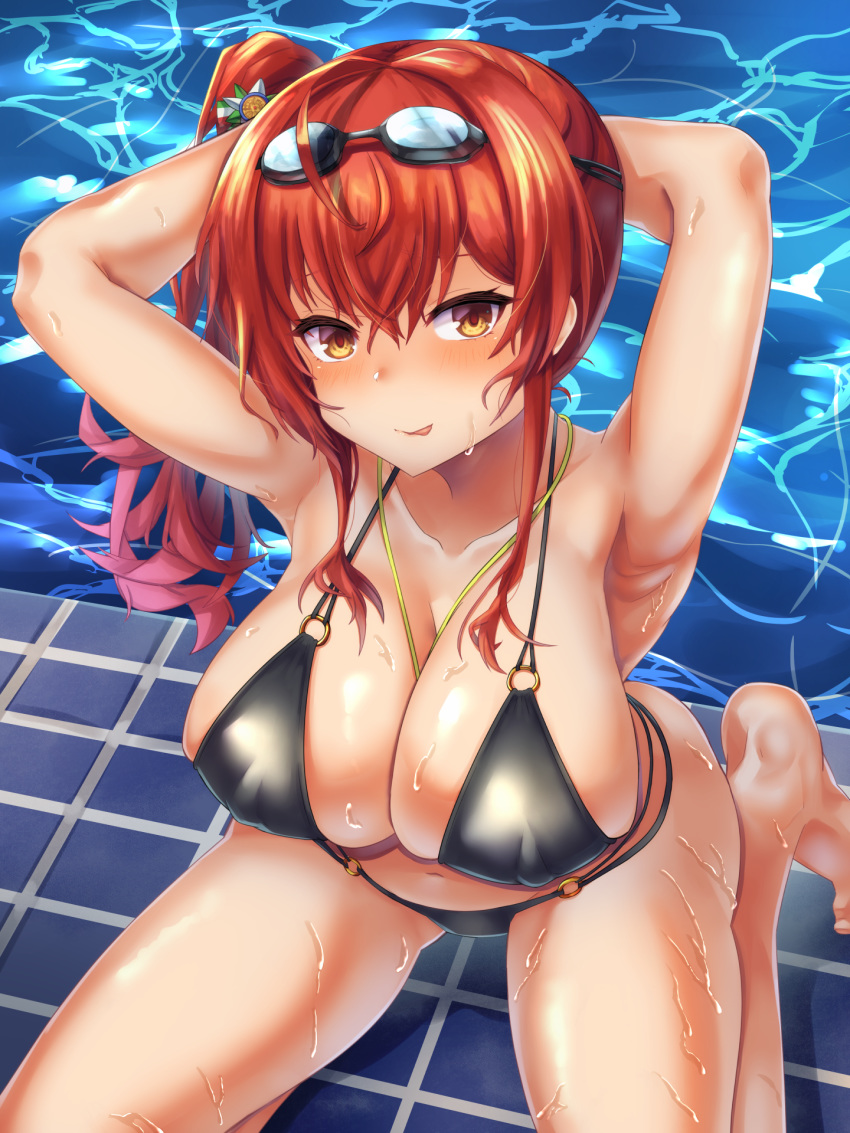 azur_lane bikini black_bikini breasts covered_nipples female goggles goggles_on_head highleg highleg_bikini highres italian_flag large_breasts lasts looking_at_viewer multi-strapped_bikini o-ring o-ring_bikini pool poolside red_hair side_ponytail skindentation solo swimsuit wet whistle whistle_around_neck yellow_eyes zara_(azur_lane) zara_(poolside_coincidence)_(azur_lane)