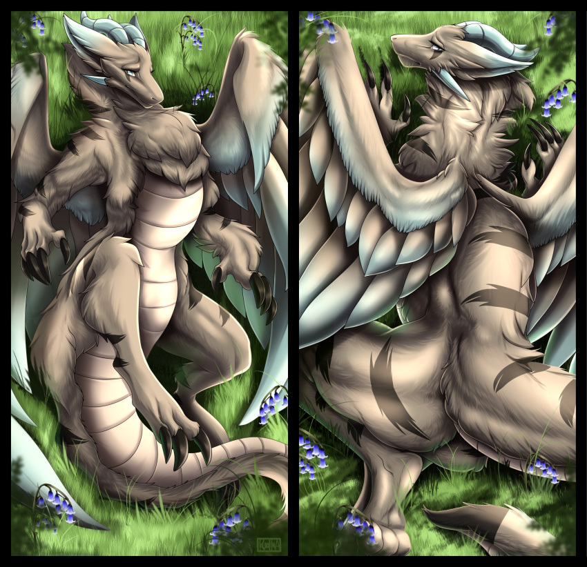 absurd_res ambiguous_gender claws dakimakura dakimakura_design dakimakura_pose dakimakura_style dragon feathered_dragon feathered_scalie feathers featureless_crotch female_(lore) feral flower fur furred_dragon furred_scalie grass hi_res horn legend_of_ahya llydia_the_fluff_dragon_(darkflamewolf) mythological_creature mythological_scalie mythology neck_tuft plant ruolina scalie solo stripes tail tailbutt tuft underbelly