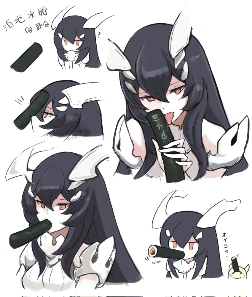 abyssal_ship anchorage_water_oni black_hair breasts brown_eyes colored_skin commentary_request dress ehoumaki female food highres horns kantai_collection licking long_hair makizushi medium_breasts mizuchi_(mizuchi7118) multiple_views pale_skin sexually_suggestive sleeveless sleeveless_dress sushi tongue translation_request white_background white_skin