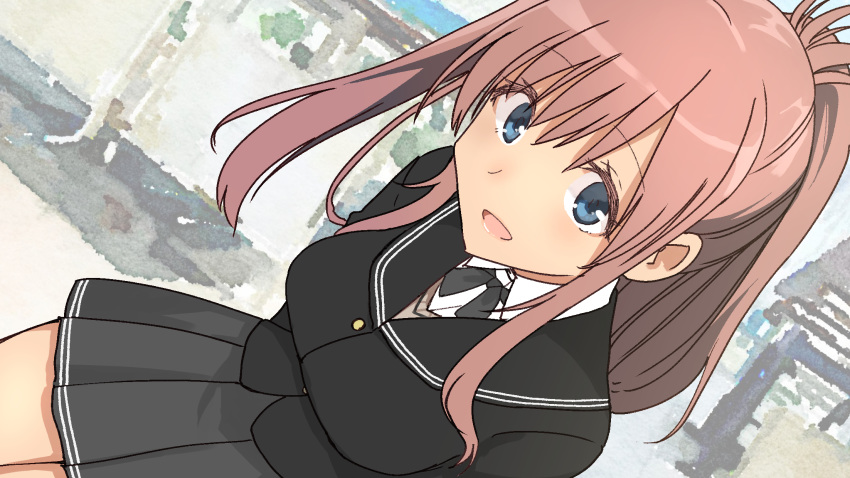 :d amagami arms_behind_back breasts brown_hair commentary_request female hair_between_eyes highres itou_shizuka kantai_collection kibito_high_school_uniform large_breasts masukuza_j morishima_haruka open_mouth pleated_skirt ponytail ribbon saratoga_(kancolle) school_uniform side_ponytail skirt smile smokestack solo voice_actor_connection