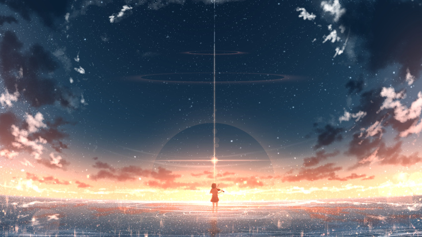 chinese_commentary cloud commentary_request facing_back female highres horizon instrument lens_flare original outdoors reflection ripples rune_xiao scenery skirt sky solo standing star_(sky) starry_sky sunset water water_world