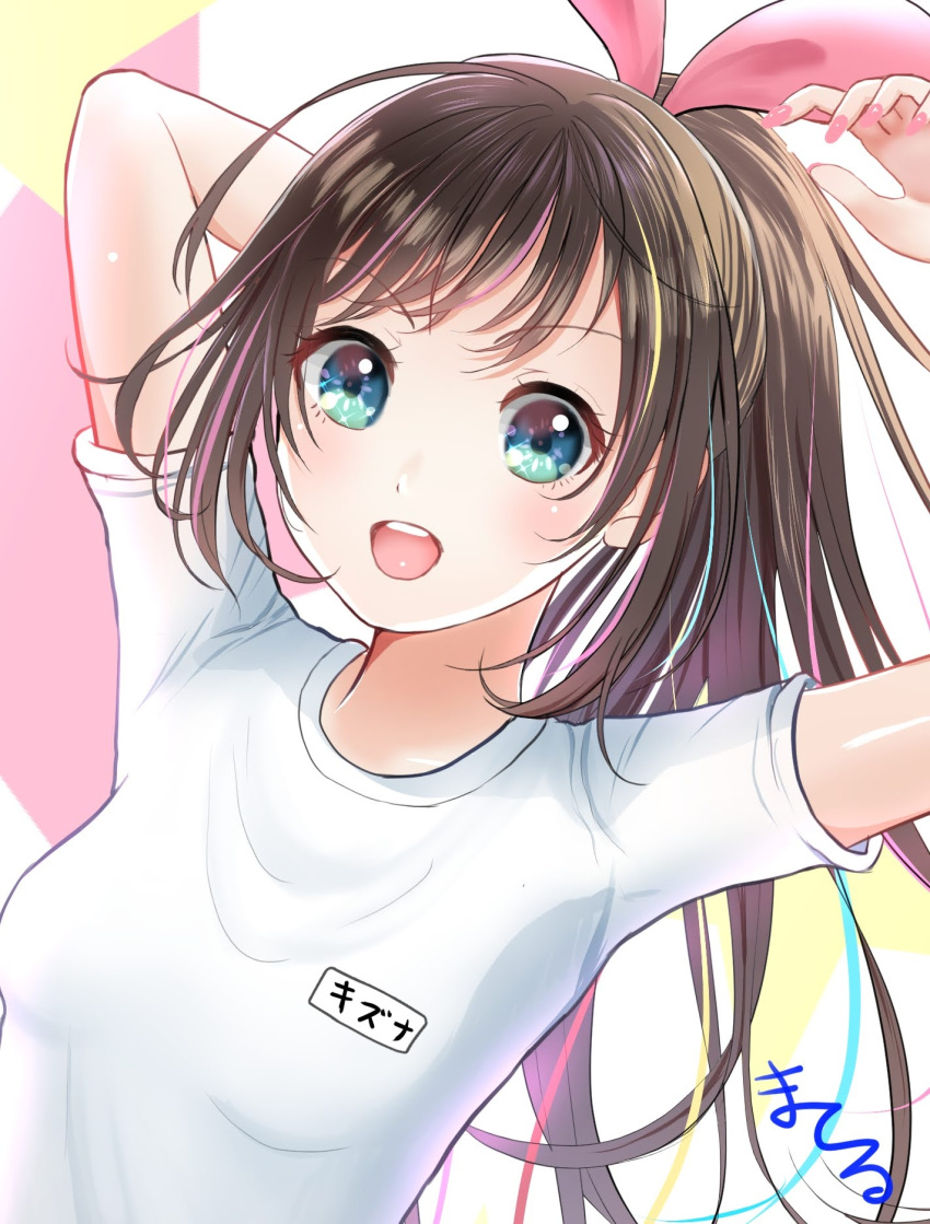 arms_up blue_eyes brown_hair character_name female gym_shirt highres kizuna_ai kizuna_ai_inc. long_hair materu_(2532) open_mouth ponytail shiny_skin shirt short_sleeves solo upper_body virtual_youtuber white_shirt