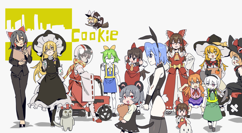 6+girls absurdres animal_ears ascot azusa_(cookie) benikurage_(cookie) bent_over black_bow black_bowtie black_eyes black_hair black_hairband black_headwear black_jacket black_leotard black_pants black_ribbon black_skirt black_thighhighs blonde_hair blue_eyes blue_hair blue_skirt blue_vest blush boots bow bowtie box braid breasts broom broom_riding brown_eyes brown_hair brown_horns buttons capelet checkered_clothes checkered_scarf closed_eyes closed_mouth collared_shirt commentary cookie_(touhou) cup cyjalway daiyousei detached_sleeves disposable_coffee_cup disposable_cup diyusi_(cookie) dress fake_animal_ears fake_tail feline flat_chest flour_(cookie) frilled_bow frilled_hair_tubes frilled_shirt_collar frilled_skirt frills full_body glasses green_hair green_skirt green_vest grey_dress grey_hair ground_vehicle hair_ribbon hair_tubes hairband hairbow hakama hakama_skirt hakurei_reimu hat hat_ornament helmet heterochromia high-visibility_vest highres holding holding_cup holding_pickaxe holding_shovel horns ibuki_suika jacket japanese_clothes kanna_(cookie) kirisame_marisa konpaku_youmu kumoi_ichirin large_breasts layered_clothes leotard long_hair long_skirt long_sleeves looking_at_another looking_to_the_side manatsu_no_yo_no_inmu medium_breasts meguru_(cookie) mikan_box mini_person minigirl miura_cat moped motor_vehicle motorcycle_helmet mouse_ears mouse_girl mouse_tail multiple_girls nazrin necktie noel_(cookie) nyon_(cookie) office_lady open_mouth orange_ascot orange_hair orange_scarf pants pickaxe pink_shirt playboy_bunny puffy_short_sleeves puffy_sleeves purple_bow rabbit_ears rabbit_tail red_bow red_bowtie red_eyes red_skirt red_star rei_(cookie) ribbon ribbon-trimmed_sleeves ribbon_trim sakenomi_(cookie) sananana_(cookie) scarf semi-rimless_eyewear shirt short_hair short_sleeves shovel sidelocks single_braid skirt skirt_set sleeveless sleeveless_shirt smile socks star_(symbol) star_hat_ornament tail the_chicken_that_appears_in_the_middle_of_cookie thighhighs touhou under-rim_eyewear uzuki_(cookie) vest white_capelet white_shirt white_sleeves wide_sleeves witch_hat yamin_(cookie) yellow_ascot yellow_bow yellow_necktie yellow_scarf zerukalo_(cookie)