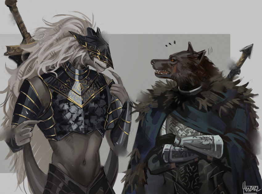 2boys absurdres armor blaidd_the_half-wolf blue_cape breastplate cape crossed_arms elden_ring english_commentary furry furry_male gauntlets height_difference helmet highres male_focus maliketh_the_black_blade midriff multiple_boys navel notice_lines open_mouth pointing pointing_at_self signature visor_(armor) weapon weapon_on_back wide-eyed yen_(yenyenyen19)