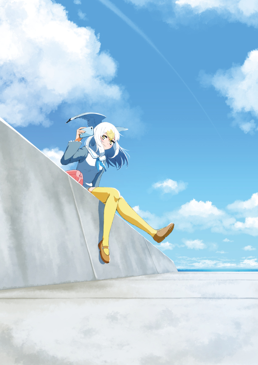 bag bird_wings blonde_hair blue_sky brown_footwear cellphone cloud commentary_request common_gull_(kemono_friends) contrail day female head_wings highres kemono_friends long_hair long_sleeves looking_at_viewer multicolored_hair outdoors phone shoes sitting sky smartphone smile solo stylecase thighhighs two-tone_hair white_hair wings yellow_eyes yellow_thighhighs