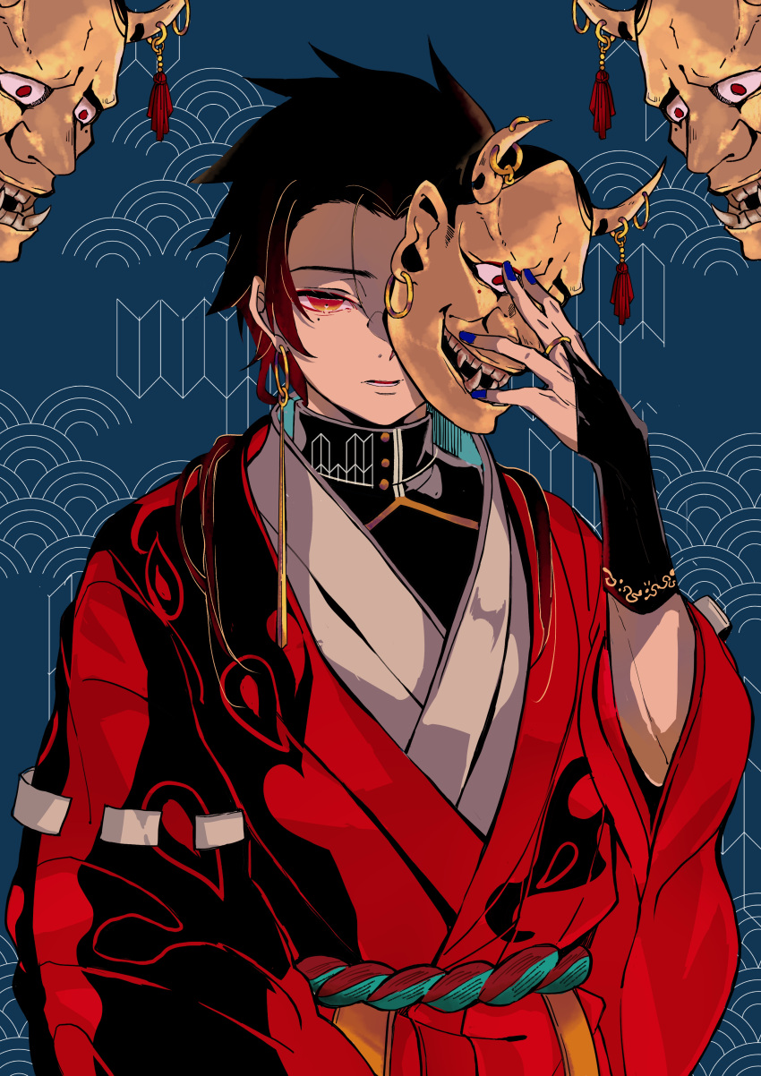 1boy absurdres alternate_universe black_hair blue_background blue_nails bridal_gauntlets demon_slayer_uniform earrings hair_slicked_back hand_up hannya highres holding holding_mask hoop_earrings japanese_clothes jewelry kamado_takeo kimetsu_no_yaiba kimono layered_clothes long_sleeves male_focus mask mole mole_under_eye one_eye_covered parted_lips red_eyes sash seigaiha single_earring solo unworn_mask upper_body widow's_peak yagasuri youshima