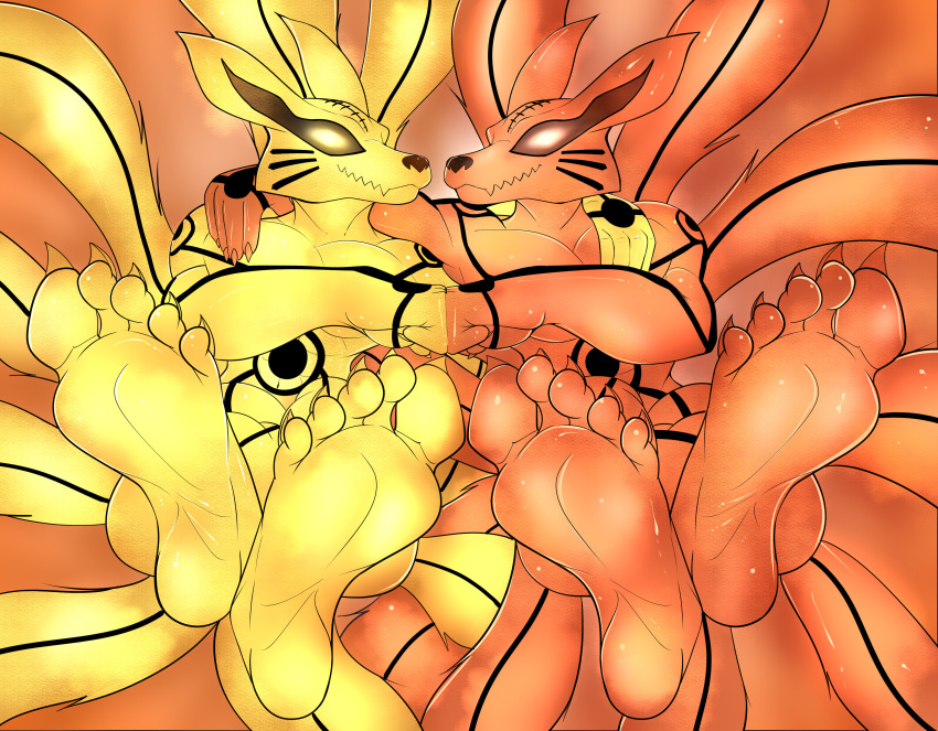 5_toes absurd_res alternate_form anthro chakra duo feet fist_bump foot_fetish foot_focus fox_spirit gesture glowing hi_res humanoid humanoid_feet kurama male male/male naruto plantigrade soles tailed_beast toes vendetta892 yang-kurama yin-kurama