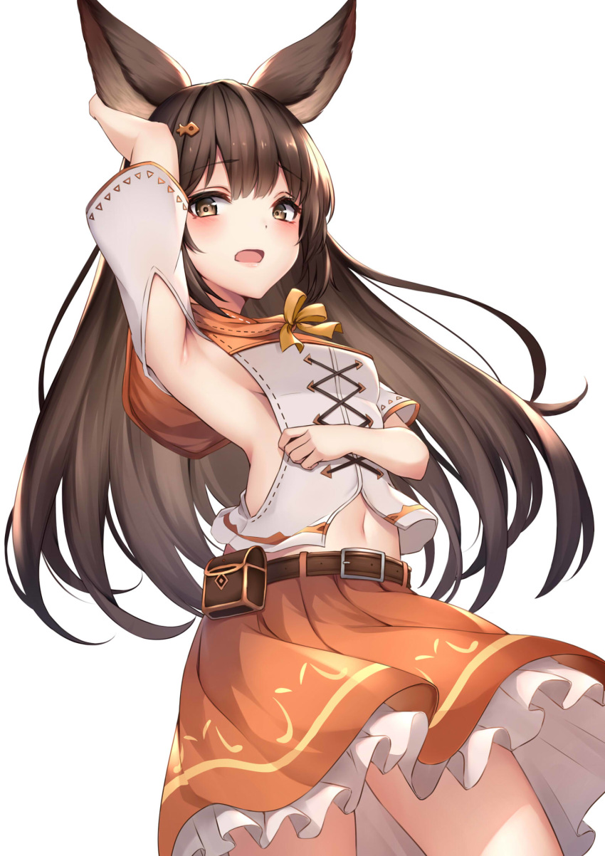 animal_ears aster_(granblue_fantasy) blush brown_eyes brown_hair duplicate erune female granblue_fantasy hair_ornament hairclip highres long_hair looking_at_viewer midriff navel pixel-perfect_duplicate sideless_outfit simple_background solo stomach white_background ym_(distance819)