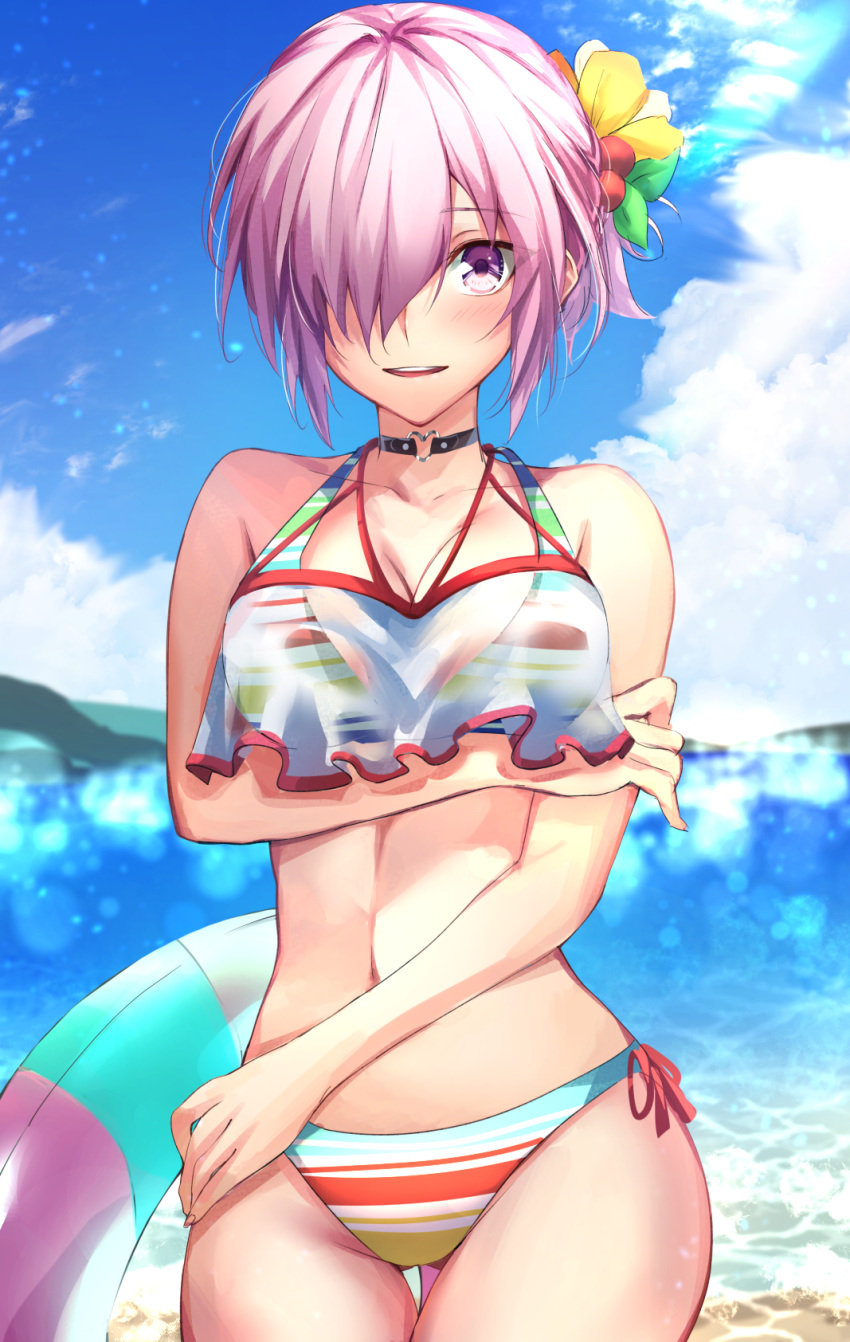 bare_shoulders bikini breasts cleavage collarbone day fate/grand_order fate_(series) female hair_over_one_eye herigaru_(fvgyvr000) highres large_breasts light_purple_hair looking_at_viewer mash_kyrielight mash_kyrielight_(swimsuit_of_perpetual_summer_ver.02) multicolored_bikini multicolored_clothes navel official_alternate_costume outdoors purple_eyes rainbow_bikini see-through short_hair solo striped_bikini striped_clothes swimsuit thighs