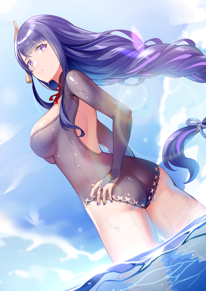 2r-_(pixiv8168114) absurdres braid breasts bridal_gauntlets closed_mouth cloud cloudy_sky commentary_request day dutch_angle female from_behind genshin_impact hair_ornament highres lace-trimmed_swimsuit lace_trim long_hair looking_back medium_breasts mole mole_under_eye outdoors purple_eyes purple_hair purple_nails raiden_shogun sky solo swimsuit tassel water