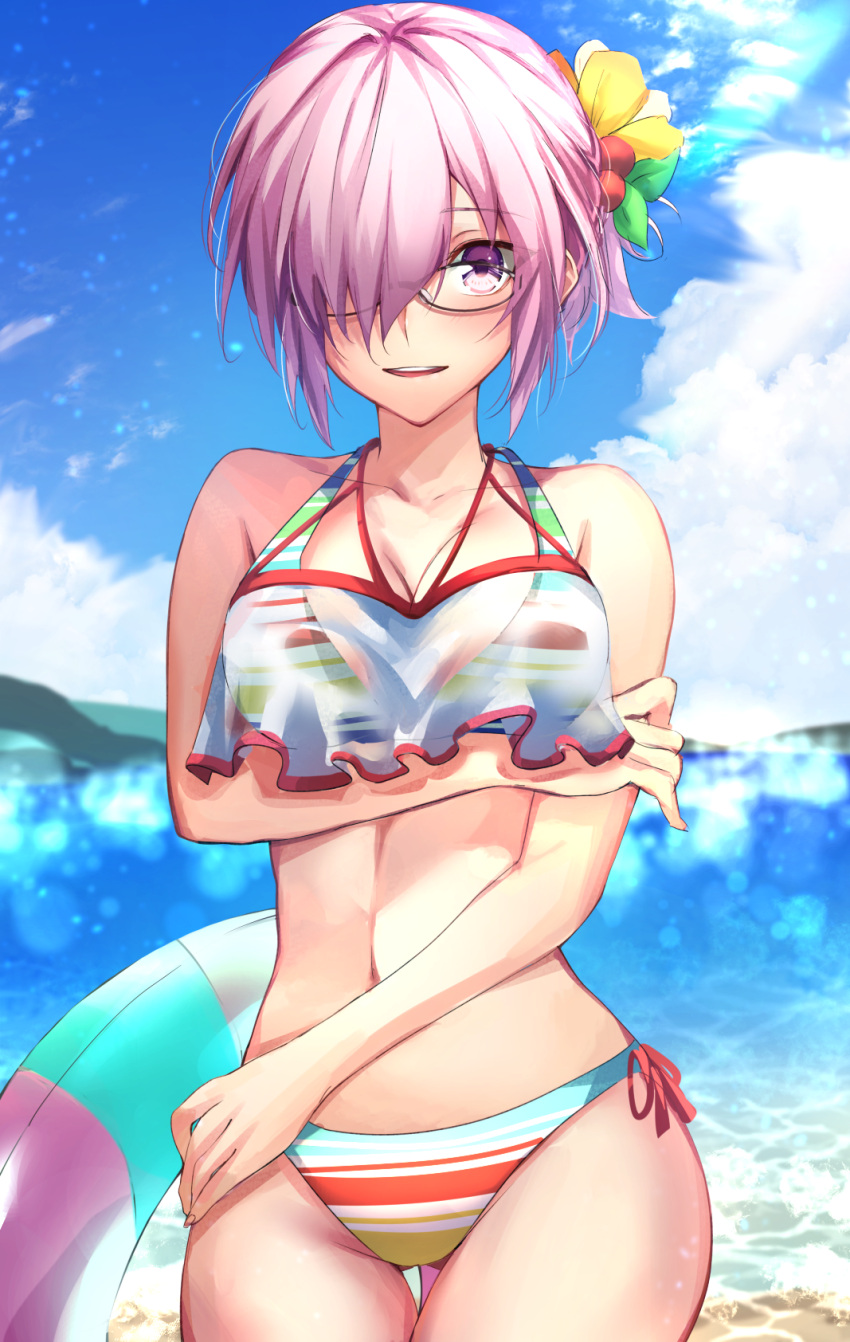 bare_shoulders bikini breasts cleavage collarbone day fate/grand_order fate_(series) female hair_over_one_eye herigaru_(fvgyvr000) highres large_breasts light_purple_hair looking_at_viewer mash_kyrielight mash_kyrielight_(swimsuit_of_perpetual_summer_ver.02) multicolored_bikini multicolored_clothes navel official_alternate_costume outdoors purple_eyes rainbow_bikini see-through short_hair solo striped_bikini striped_clothes swimsuit thighs