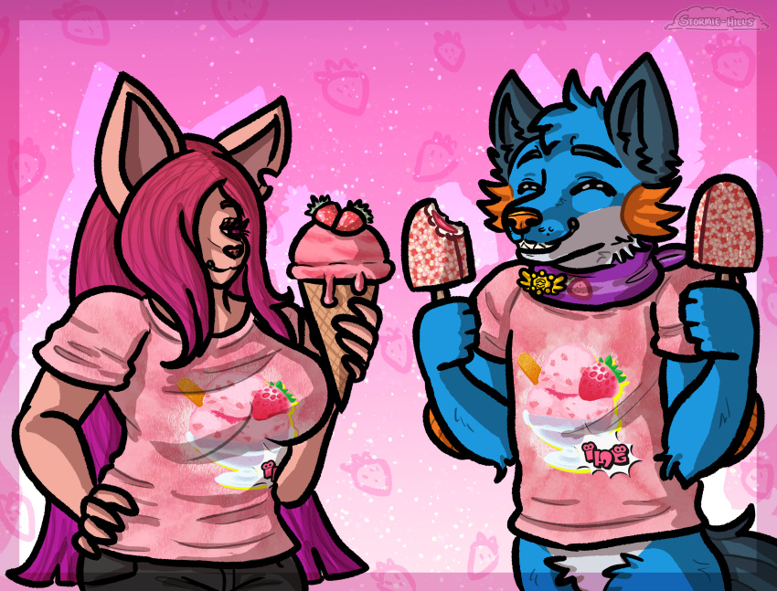 2023 absurd_res anthro badge big_breasts blue_body blue_fur bottomless bottomless_male breasts canid canine canis closed_eyes clothed clothing crotch_tuft dessert digital_media_(artwork) domestic_pig duo female food fruit fur generation_3_pokemon hair hair_over_eye half-length_portrait hand_on_hip happy head_tuft hi_res holding_food holding_object hybrid ice_cream ice_cream_bar ice_cream_cone long_hair male male/female mammal matching_outfits nintendo notched_ear one_eye_obstructed orange_body orange_gills orange_nose orange_scales persim_berry persim_scarf pink_background pink_clothing pink_hair pink_shirt pink_topwear plant pokemon pokemon_(species) pokemon_berry pokemon_mystery_dungeon portrait sasha_dunkelshade scales shirt simple_background smile spike_chunsoft splatfest splatfest_tee splatoon stormiehills strawberry strawberry_ice_cream suid suina sus_(pig) swampert t-shirt teeth topwear tuft wolf xevy