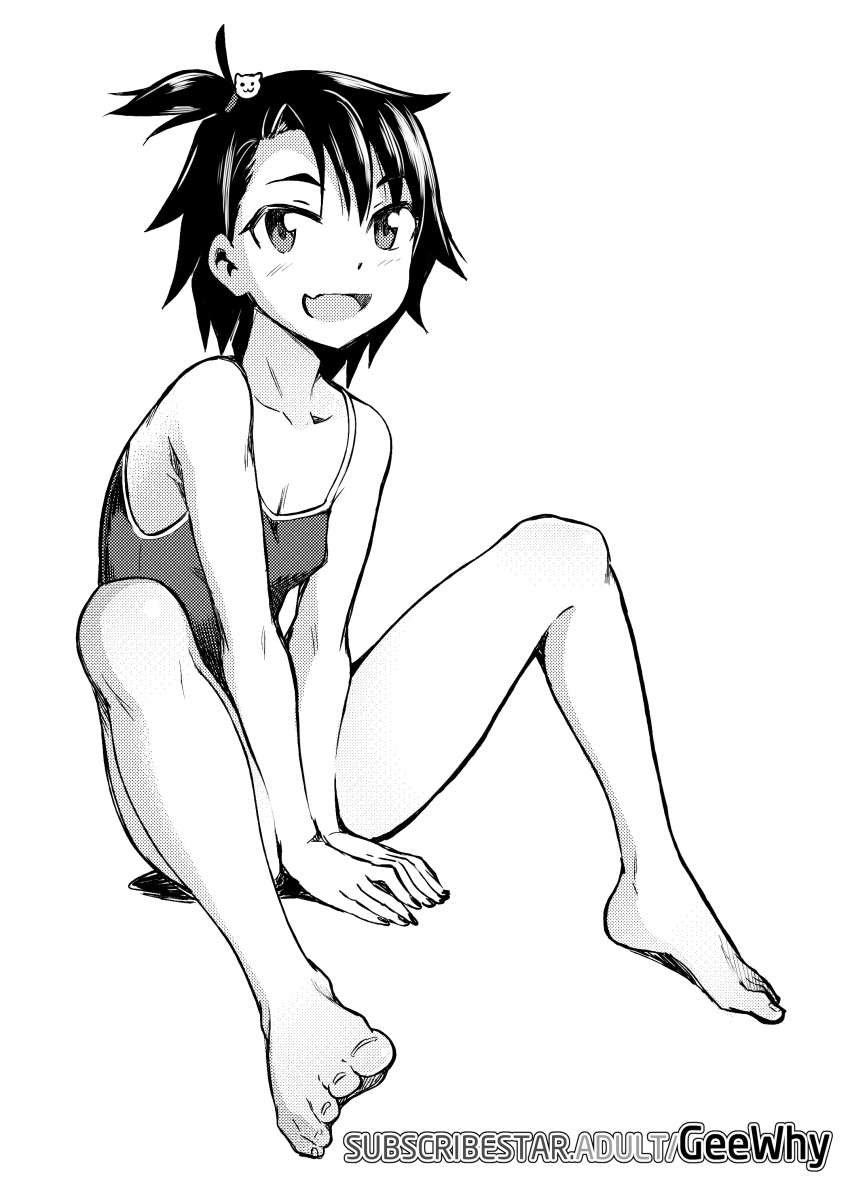 absurdres artist_name barefoot blush breasts feet female fingernails foreshortening geewhy greyscale highres hodaka_natsumi houkago_teibou_nisshi looking_at_viewer monochrome oerba_yun_fang one-piece_swimsuit one_side_up short_hair sitting skin_fang small_breasts solo spread_legs subscribestar_username swimsuit toes watermark web_address