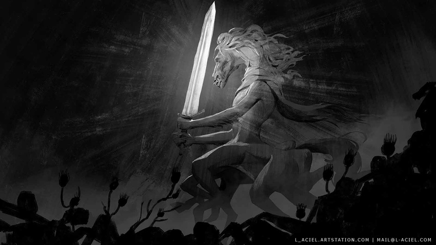 1boy black_background bloodborne glowing glowing_weapon greatsword grey_background greyscale highres holding holding_sword holding_weapon horse l_aciel long_hair ludwig_the_accursed monochrome monster moonlight_greatsword multiple_legs sword weapon web_address