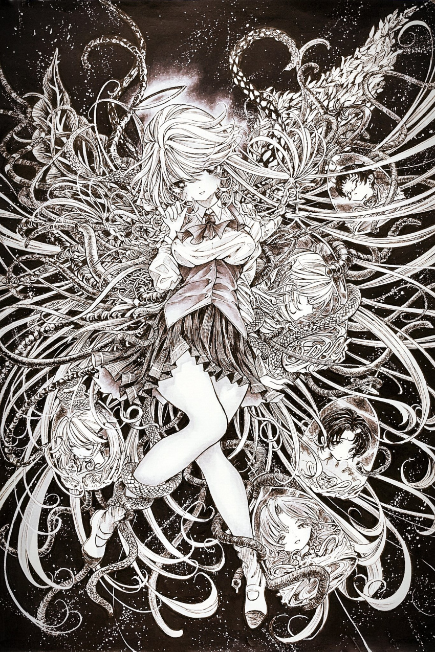 6+girls absurdly_long_hair angel angel_wings asymmetrical_wings aya_carmine blush body_horror braid closed_eyes collared_shirt dual_persona flower_wings full_body glasses greyscale halo highres leaf_wings long_hair meguro_miyuki millipen_(medium) mismatched_wings monochrome multiple_girls neck_ribbon open_mouth plant_wings pleated_skirt ribbon sayonara_wo_oshiete school_uniform severed_head shirt shoes short_hair side_braids skirt smile snake socks sugamo_mutsuki surreal takada_nozomi tamachi_mahiru tendril tentacle tongue traditional_media twintails ueno_koyori underbust uwabaki very_long_hair vest wavy_hair wings