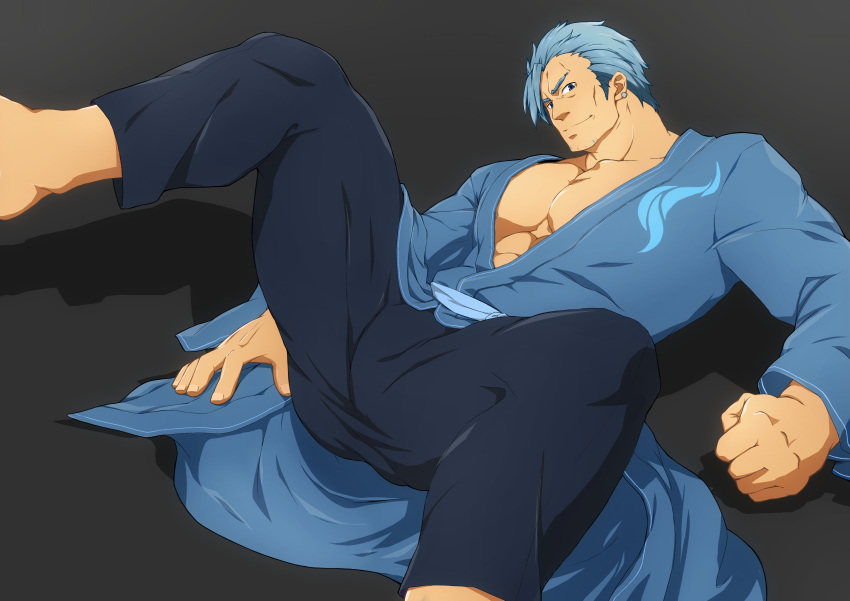 1boy absurdres ass bara bercouli_(sao) blue_hair blue_kimono ear_piercing facial_hair foot_out_of_frame highres japanese_clothes kimono kito_(clamp5656) large_pectorals male_focus muscular muscular_male open_clothes open_kimono pectoral_cleavage pectorals piercing short_hair solo spread_legs stubble swept_bangs sword_art_online sword_art_online:_alicization thick_thighs thighs