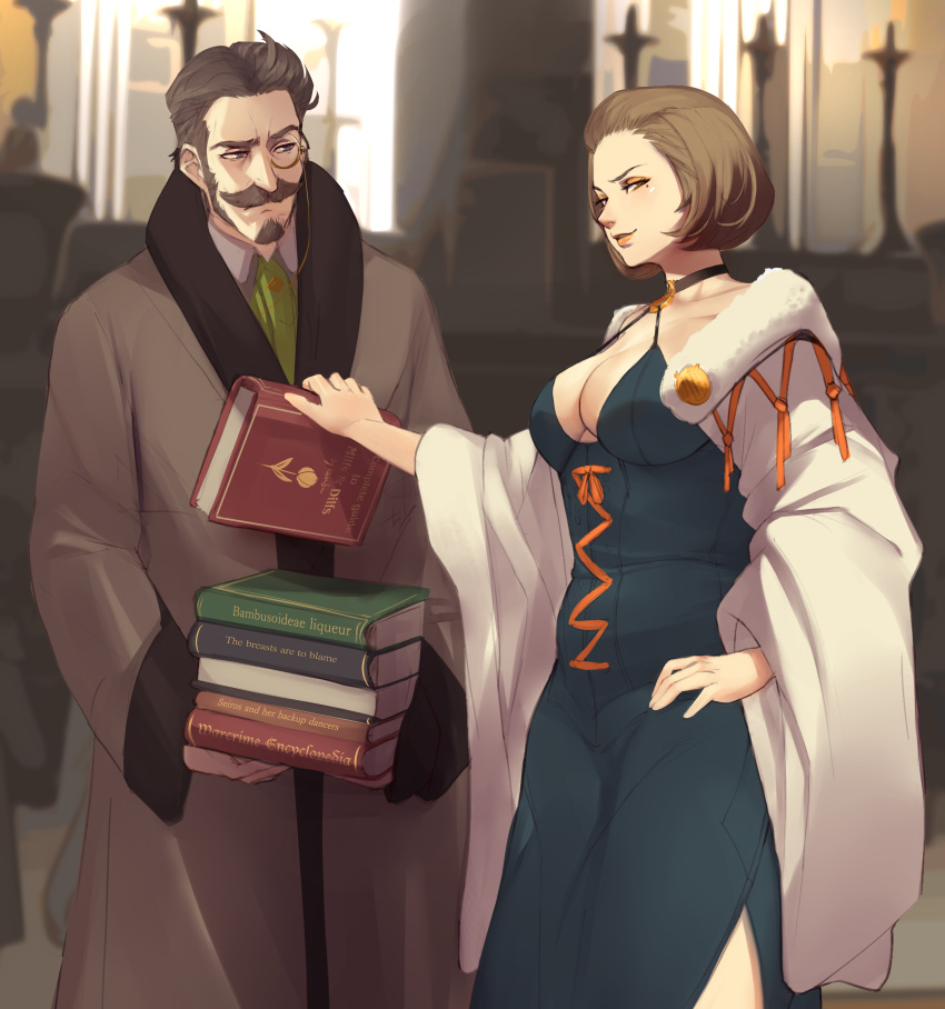 1boy absurdres bambooale beard black_choker blue_dress blue_eyes book book_stack breasts brown_eyes brown_hair brown_robe choker cleavage closed_mouth coat collared_shirt commentary cowboy_shot dress english_commentary facial_hair female fire_emblem fire_emblem:_three_houses fur-trimmed_coat fur_trim goatee green_neckwear hair_slicked_back hand_on_own_hip hanneman_von_essar highres holding holding_book indoors large_breasts lips looking_at_another looking_at_viewer manuela_casagranda mole mole_under_eye monocle moustache open_clothes open_coat raised_eyebrow robe shirt short_hair side_slit sideburns smile smirk smug white_shirt wide_sleeves