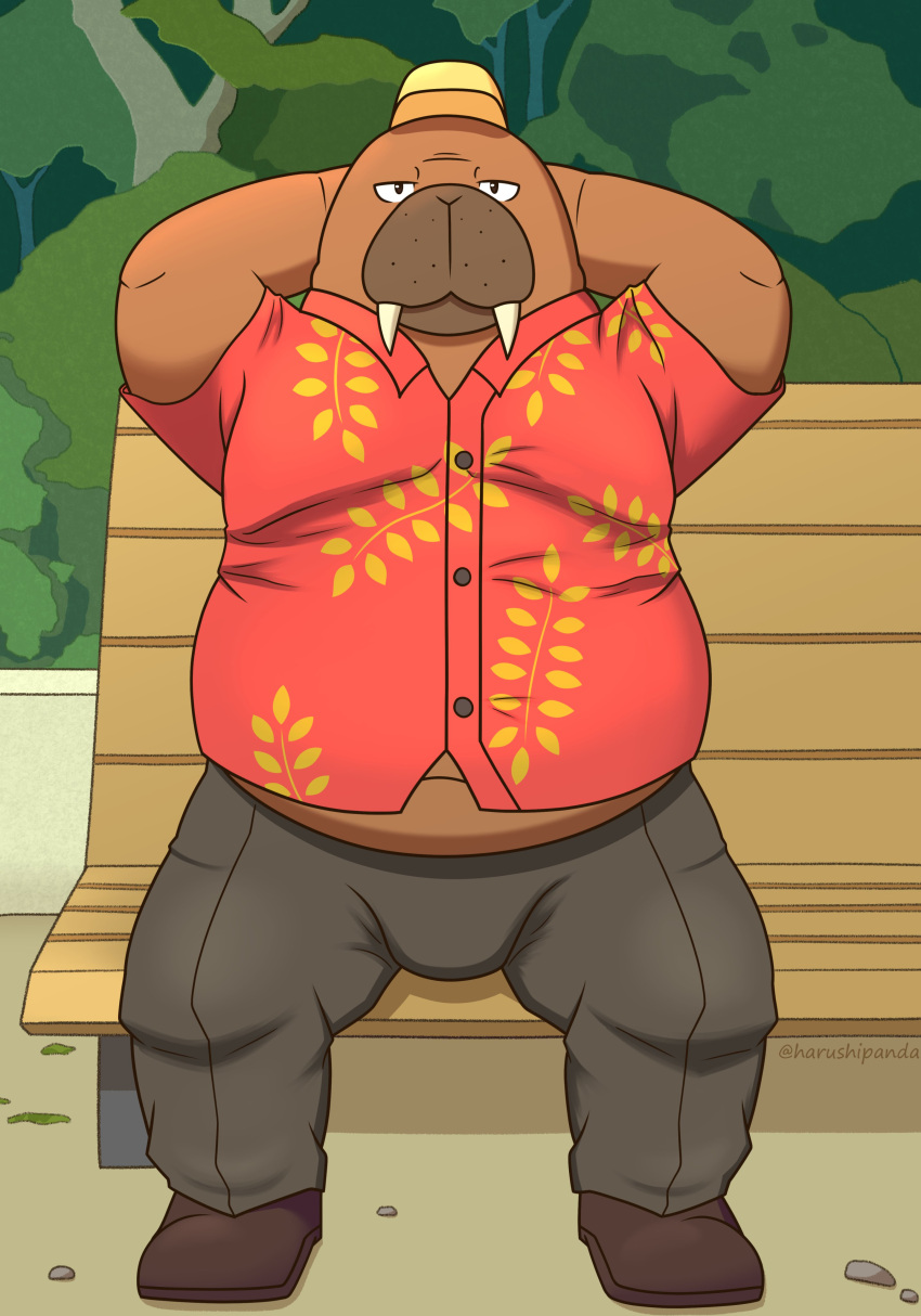 2022 absurd_res anthro belly bench big_belly bottomwear brown_body bulge clothing detailed_background harushipanda hat headgear headwear hi_res hiroshi_odokawa_(odd_taxi) male mammal marine odd_taxi overweight overweight_male pants pinniped plant shirt sitting solo topwear tree walrus