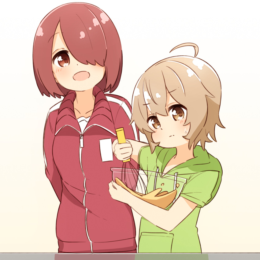 2girls :d ahoge arms_behind_back blush bowl breasts brown_eyes brown_hair closed_mouth commentary drawstring green_hoodie hair_over_one_eye highres holding holding_bowl holding_whisk hood hoodie hoshino_miyako_(wataten) jacket konomori_kanon light_brown_hair long_sleeves looking_at_another looking_at_object manse mixing mixing_bowl multiple_girls one_eye_covered open_mouth red_jacket red_track_suit short_hair short_sleeves simple_background smile sweatdrop track_jacket track_suit upper_body watashi_ni_tenshi_ga_maiorita! whisk whisking white_background zipper_pull_tab