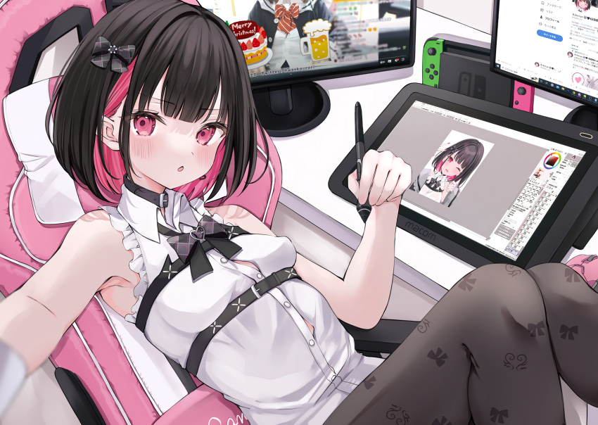 absurdres armpits bare_shoulders black_choker black_hair black_pantyhose blush bow bow_print breasts buttons chair choker colored_inner_hair drawing_tablet female frills gaming_chair hairbow handheld_game_console highres holding holding_stylus indie_virtual_youtuber indoors looking_at_viewer monitor multicolored_hair nintendo_switch open_mouth painttool_sai pantyhose pink_eyes pink_hair razer rikotan rikotan_(vtuber) scan shirt short_hair simple_background sleeveless sleeveless_shirt small_breasts solo stylus swivel_chair virtual_youtuber white_shirt