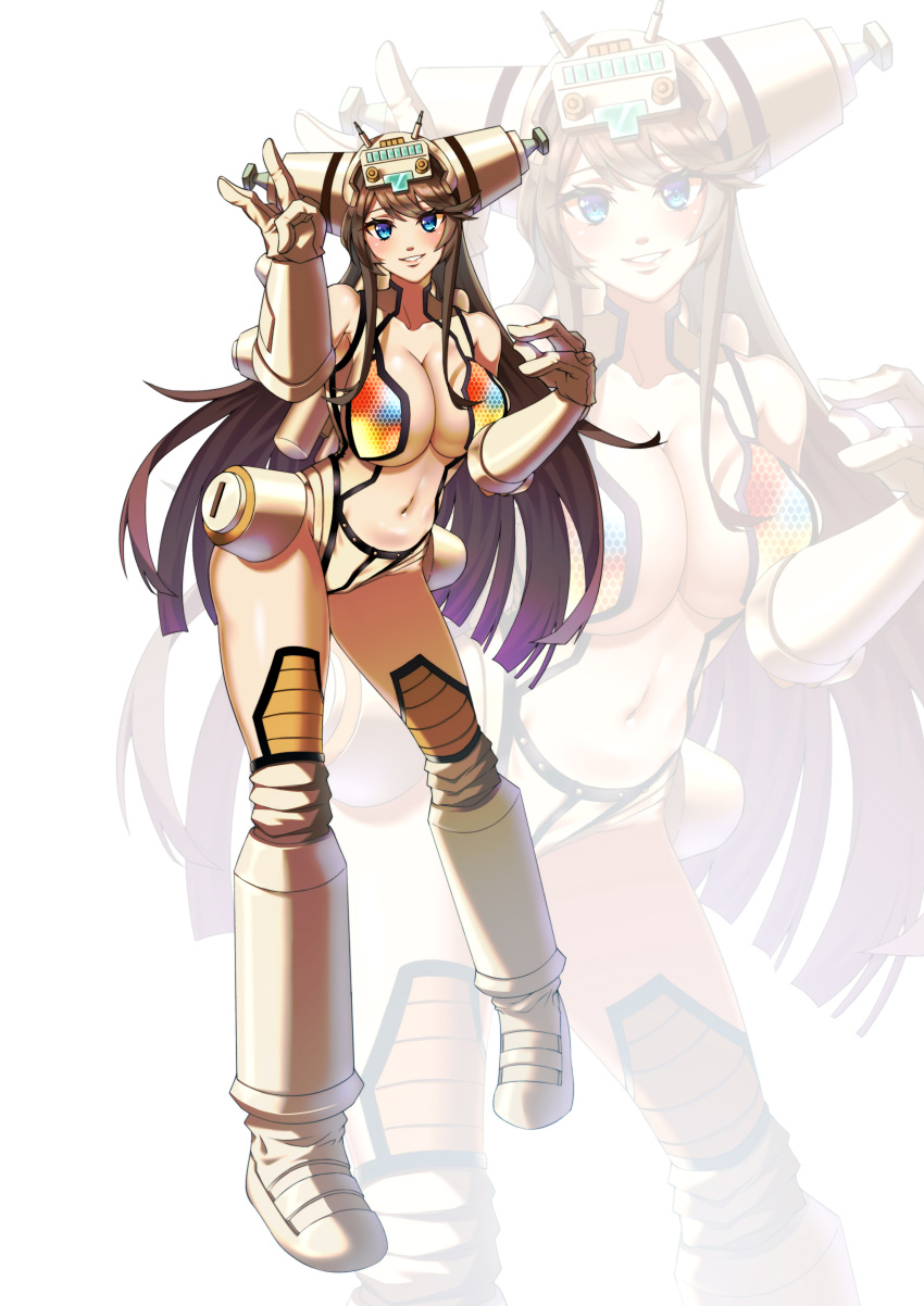 absurdres blue_eyes blush breasts brown_gloves brown_hair cleavage collarbone female fewer_digits gloves highres hzdkk6 king_joe large_breasts long_hair mecha_musume midriff navel parted_lips personification smile solo ultra_kaijuu_gijinka_keikaku ultra_series v very_long_hair white_background zoom_layer