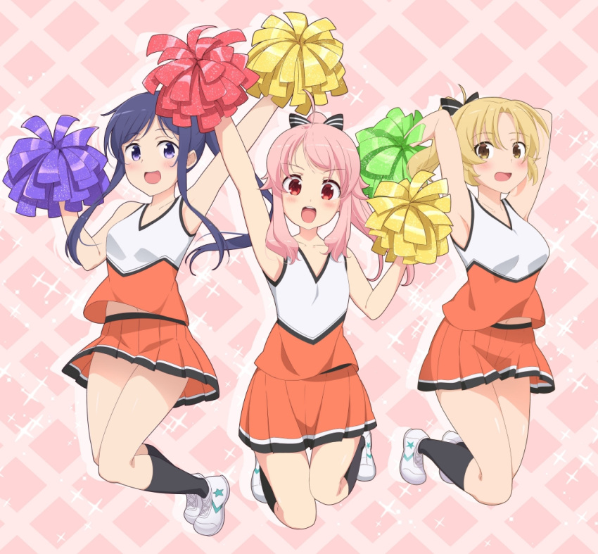 :d anima_yell! arima_hizume arm_up armpits arms_behind_head black_bow black_legwear blonde_hair blue_eyes blue_hair blush bow cheering cheerleader hairbow hatoya_kohane holding holding_pom_poms jumping kneehighs lizta long_hair miniskirt navel open_mouth orange_skirt parted_bangs pink_hair pleated_skirt pom_pom_(cheerleading) ponytail red_eyes sawatari_uki shirt shoes sidelocks skirt sleeveless sleeveless_shirt smile sneakers socks white_footwear