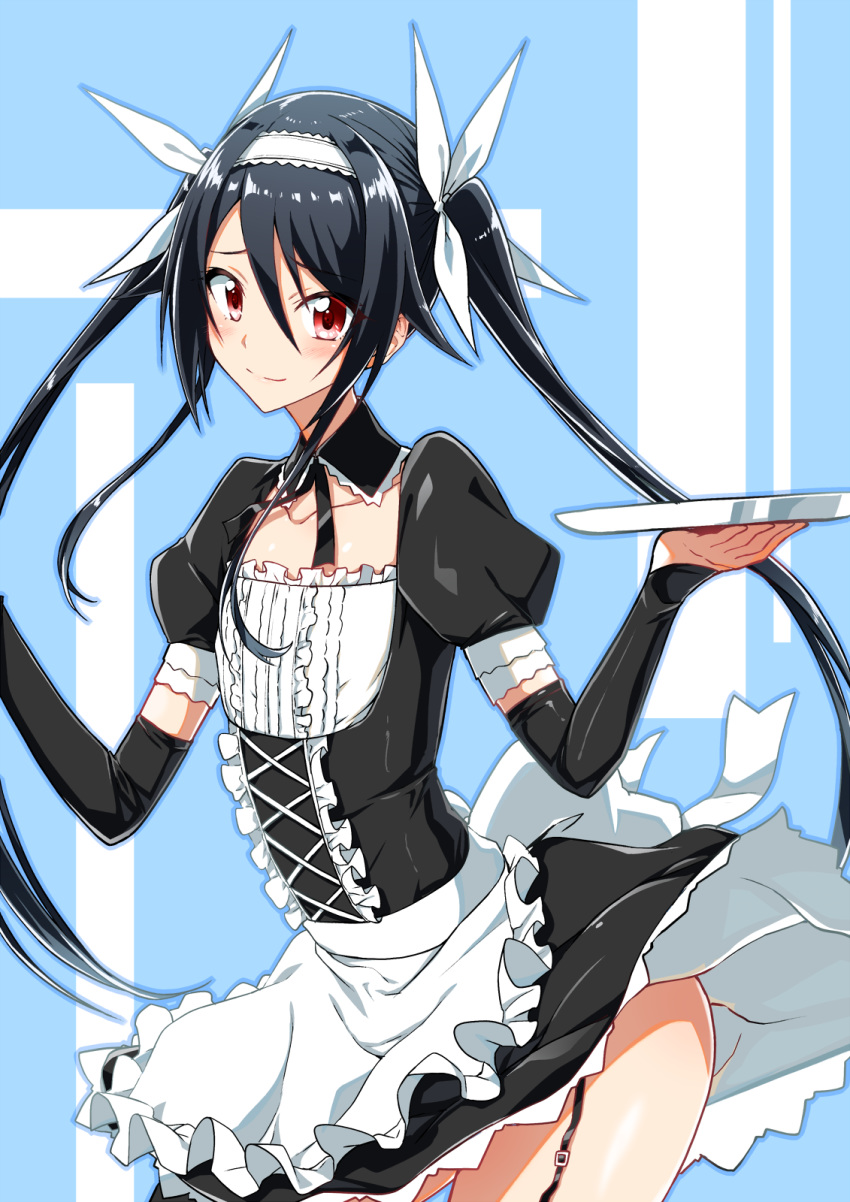 apron back_bow black_dress black_hair blush bow clothes_lift commentary_request detached_collar detached_sleeves dress dress_lift female flat_chest garter_belt hair_between_eyes hairbow highres holding holding_plate long_hair looking_at_viewer ore_twintail_ni_narimasu plate red_eyes short_sleeves sidelocks smile solo swept_bangs tsube_aika twintails waist_apron white_bow yuto_(dialique)