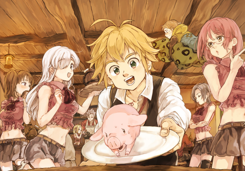 4boys 4girls apron awa_(12687414) bad_id bad_pixiv_id ban_(nanatsu_no_taizai) belt blonde_hair bottle breasts brown_belt brown_eyes brown_hair brown_skirt closed_eyes crop_top crossed_arms diane_(nanatsu_no_taizai) elaine elizabeth_liones glasses gowther green_eyes hawk_(nanatsu_no_taizai) holding holding_own_hair holding_plate index_finger_raised indoors king_(nanatsu_no_taizai) long_hair medium_breasts meliodas merlin_(nanatsu_no_taizai) midriff miniskirt multiple_boys multiple_girls nanatsu_no_taizai navel pig plate pleated_skirt red_hair rimless_eyewear short_hair skirt sleeveless spiked_hair stomach straight_hair twintails white_apron white_hair