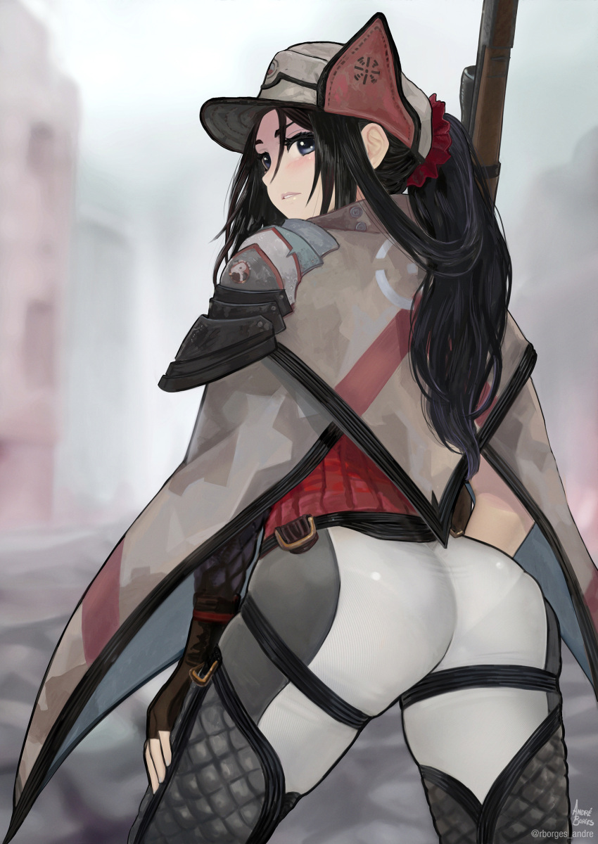 absurdres andre_borges ass ass_focus back black_hair camouflage female fingerless_gloves from_behind gloves gun hat highres kai_schren long_hair looking_at_viewer looking_back military military_uniform pants pantylines ponytail red_scrunchie rifle scrunchie senjou_no_valkyria_(series) senjou_no_valkyria_4 skin_tight sniper_rifle solo thighs tight_clothes tight_pants uniform weapon