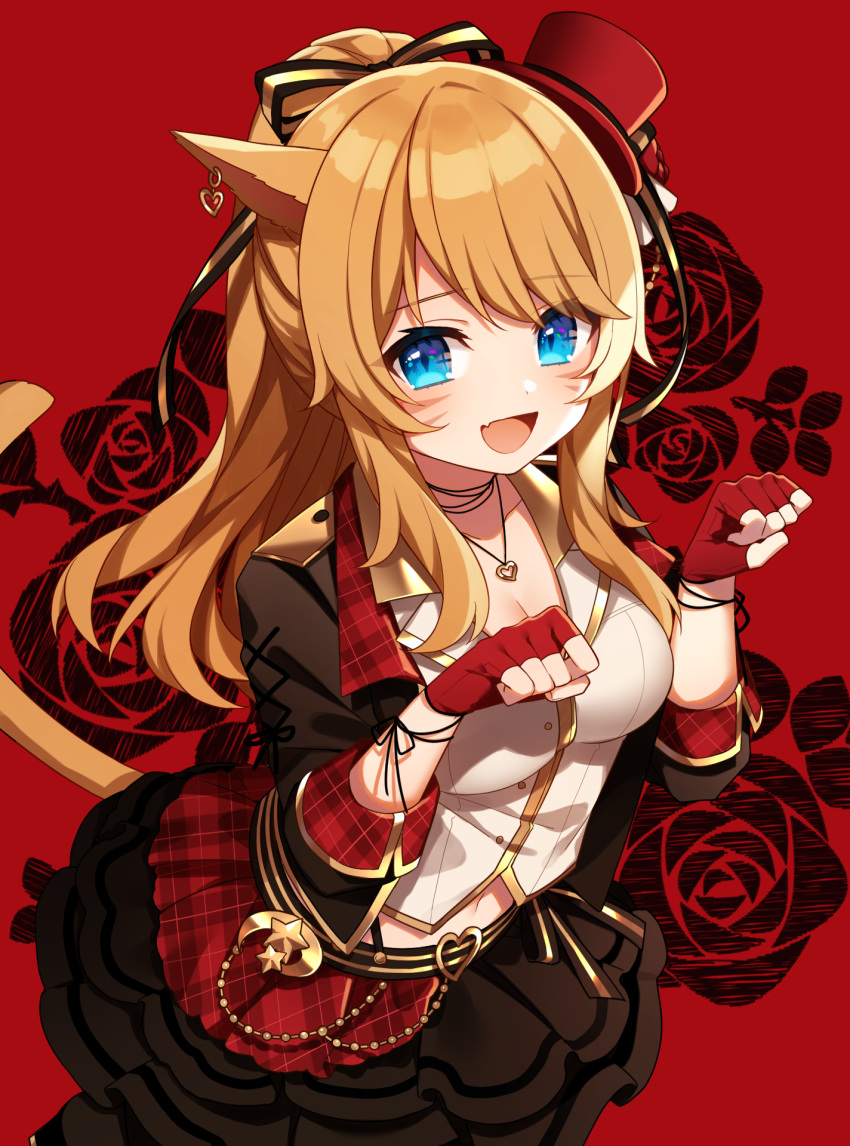 :d animal_ears belt_buckle black_jacket black_skirt blue_eyes blush breasts buckle cat_ears cat_girl cat_tail cleavage commentary_request earrings facial_mark female final_fantasy final_fantasy_xiv fingerless_gloves floral_background gloves hat hazakura_chikori heart heart-shaped_buckle heart_earrings heart_necklace highres jacket jewelry kaiyoko_star layered_skirt long_hair long_sleeves looking_at_viewer medium_breasts miniskirt miqo'te navel necklace oerba_yun_fang open_clothes open_jacket open_mouth orange_hair orange_tail paw_pose ponytail red_background red_gloves red_hat rose_background shirt sidelocks skin_fang skirt smile solo star_(symbol) tail tilted_headwear top_hat warrior_of_light_(ff14) whisker_markings white_shirt