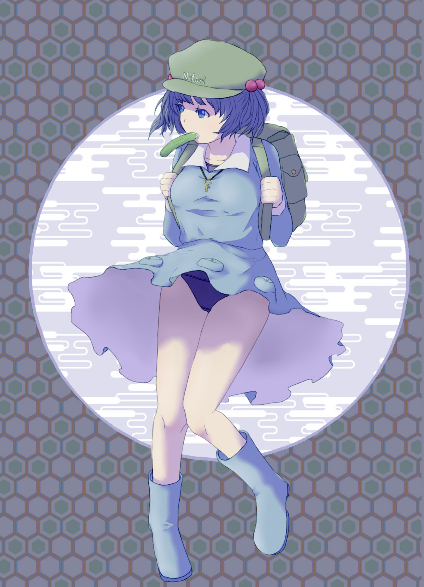 backpack bag blue_background blue_eyes blue_footwear blue_hair blue_shirt blue_skirt boots breasts character_name circle clothes_writing collarbone collared_shirt commentary_request cucumber eating egasumi female flat_cap frilled_shirt_collar frills full_body green_bag green_hat guro_mental hair_bobbles hair_ornament hat highres holding_strap kawashiro_nitori key long_sleeves medium_breasts medium_hair muted_color pocket puffy_sleeves school_swimsuit shirt short_hair skirt solo swimsuit swimsuit_under_clothes thighs touhou twintails two_side_up