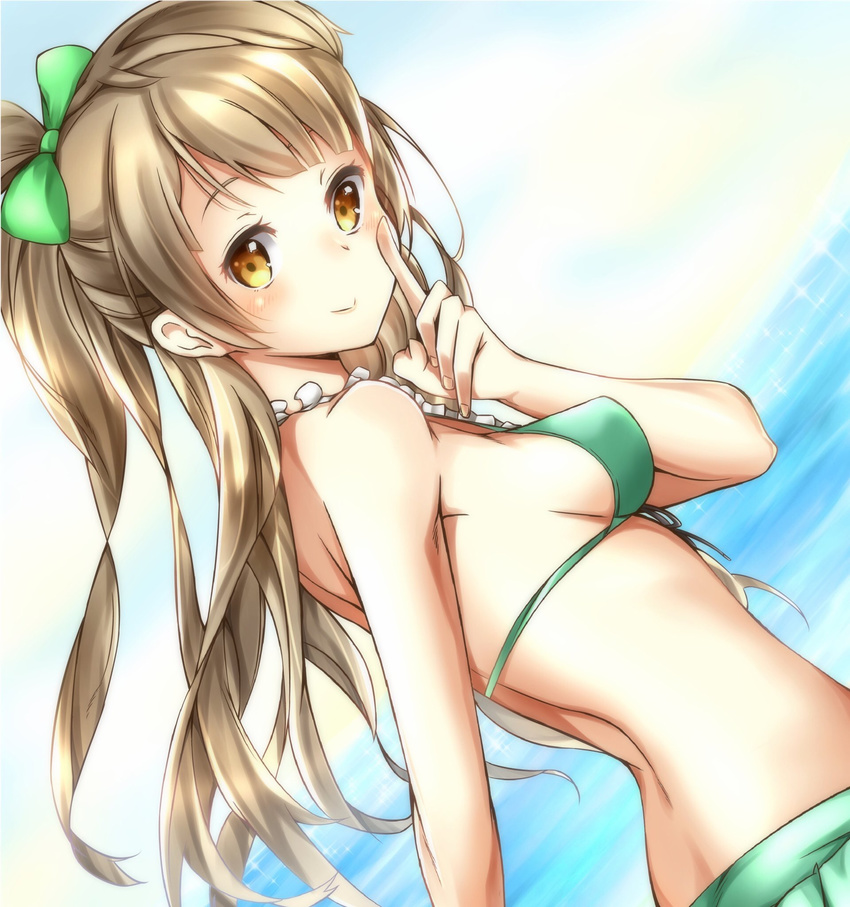 bikini bikini_skirt blush bow breasts brown_hair commentary_request dutch_angle female finger_to_face from_side green_bikini green_bow hairbow halterneck highres index_finger_raised long_hair looking_at_viewer love_live! love_live!_school_idol_project medium_breasts minami_kotori ocean one_side_up shinki_(user_srrn2727) sideboob smile solo swimsuit upper_body yellow_eyes