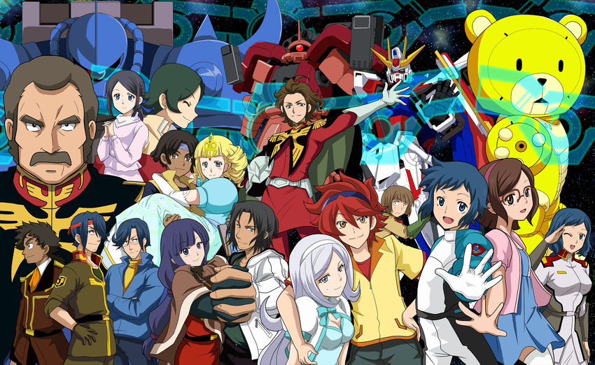 6+boys 6+girls after_war_gundam_x aila_jyrkiainen beargguy_iii black_hair blonde_hair blue_eyes blue_hair brown_eyes brown_hair carrying char_aznable char_aznable_(cosplay) cima_garahau cima_garahau_(cosplay) closed_eyes commentary_request cosplay dark_skin dreadlocks drill_hair eyewear_on_head facial_hair gabriel_ramirez_garcia gabriel_ramirez_garcia_(cosplay) garrod_ran garrod_ran_(cosplay) glasses gloves gouf gundam gundam_0083 gundam_build_fighters gundam_seed gundam_seed_astray gundam_wing hairband headband heero_yuy heero_yuy_(cosplay) highres holding_hands interlocked_fingers iori_rinko iori_sei irei_haru irei_haru_(cosplay) jimauso julio_renato kira_yamato kira_yamato_(cosplay) kousaka_china long_hair lowe_guele lowe_guele_(cosplay) luang_dallara m'quve m'quve_(cosplay) mario_renato mecha mihoshi_(gundam_bf) misaki_(gundam_bf) mitsuishi_kotono mobile_suit_gundam moustache multiple_boys multiple_girls murrue_ramius murrue_ramius_(cosplay) nils_nielsen one_eye_closed open_mouth princess_carry ral-san ramba_ral ramba_ral_(cosplay) red_hair reiji_(gundam_bf) ricardo_fellini robot salute sazaki_susumu short_hair smile star_build_strike_gundam stubble sunglasses tiffa_adill tiffa_adill_(cosplay) victory_gundam voice_actor_connection yajima_caroline yasaka_mao yuuki_tatsuya_(gundam_bf) zaku_amazing