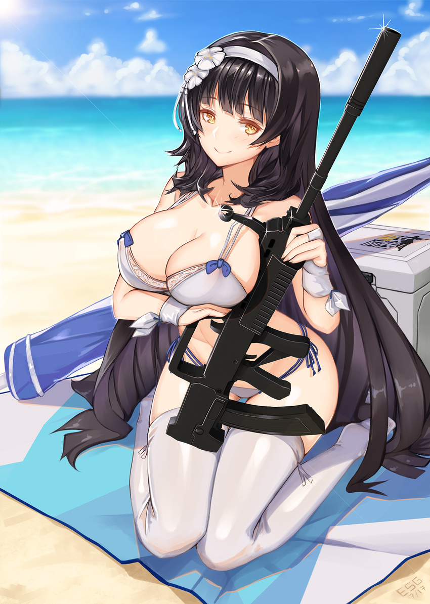 bikini breast_hold cleavage essa_sazhka girls_frontline gun qbz-95 swimsuits thighhighs