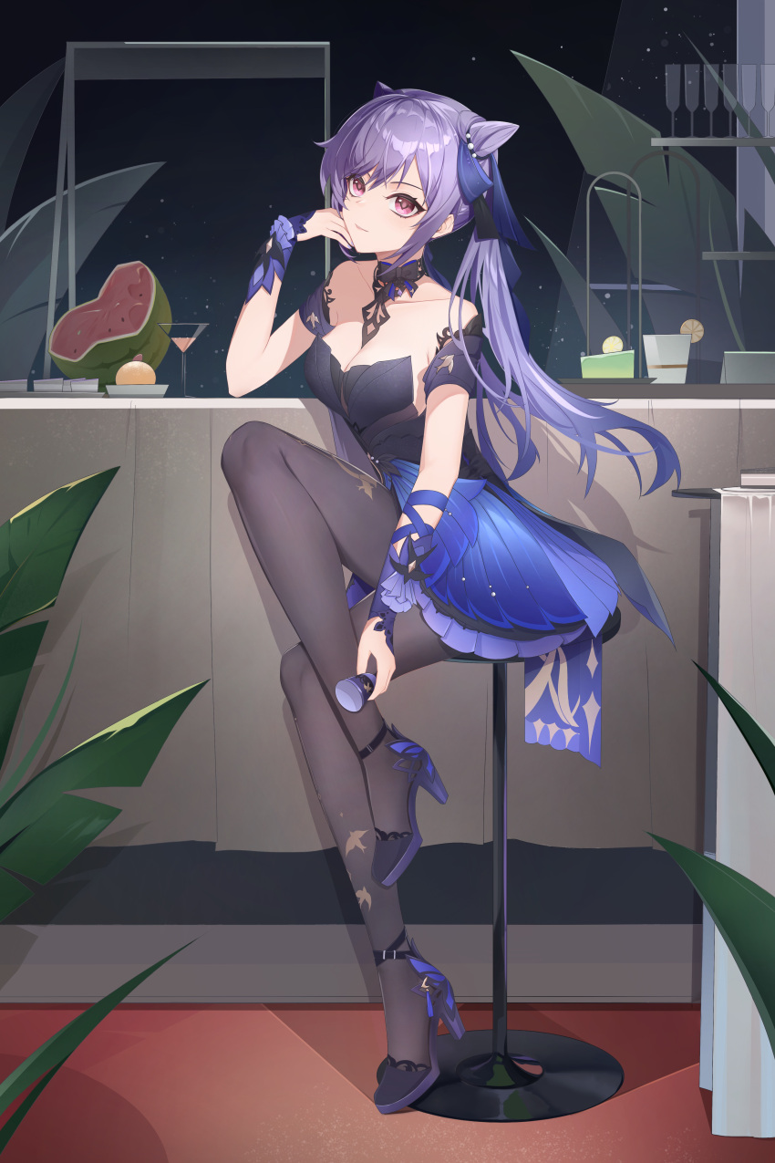 absurdres bare_shoulders black_choker black_dress black_pantyhose blue_ribbon choker commentary cone_hair_bun detached_sleeves dress female food fruit full_body genshin_impact hair_bun hair_ribbon hand_up hei_yubai_yuan high_heels highres keqing_(genshin_impact) keqing_(opulent_splendor)_(genshin_impact) long_hair looking_at_viewer pantyhose purple_eyes purple_hair ribbon shadow short_sleeves sidelocks sitting solo strapless strapless_dress very_long_hair watermelon