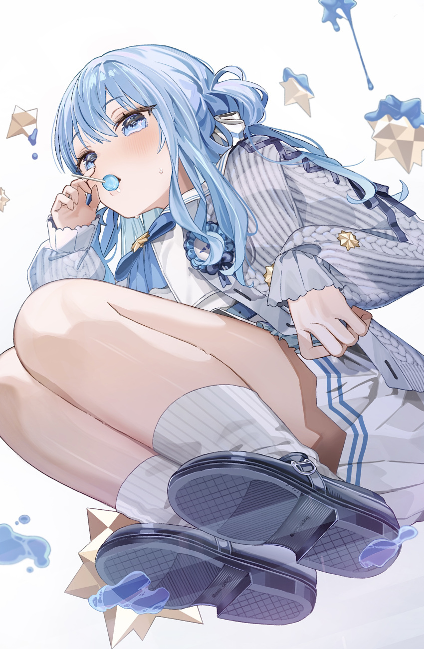 absurdres asa_going black_footwear blue_eyes blue_hair blush candy female food highres hololive hoshimachi_suisei hoshimachi_suisei_(school_uniform) lollipop long_hair long_sleeves looking_at_viewer official_alternate_costume pleated_skirt ponytail shirt shoes sitting skirt socks solo sweat virtual_youtuber white_background white_shirt white_skirt white_socks