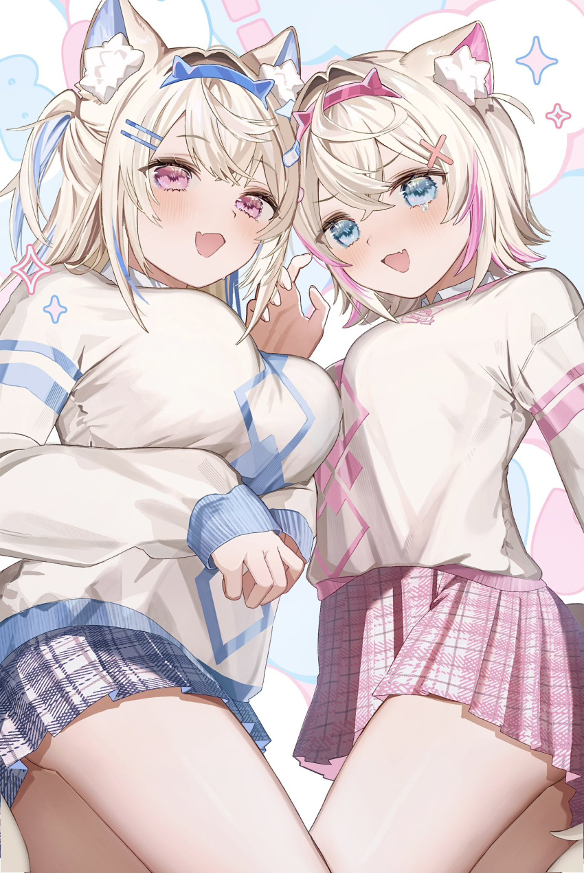 2girls alternate_costume animal_ear_fluff animal_ears asa_going bandaid bandaid_hair_ornament blonde_hair blue_eyes blue_hair blue_skirt blush breasts dog_ears dog_girl dog_tail fuwawa_abyssgard hair_ornament hairpin highres hololive hololive_english large_breasts long_hair looking_at_viewer miniskirt mococo_abyssgard multicolored_hair multiple_girls oerba_yun_fang open_mouth pink_eyes pink_hair pink_shirt pink_skirt shirt short_hair siblings sisters skin_fang skirt small_breasts smile streaked_hair tail twins virtual_youtuber white_shirt x_hair_ornament