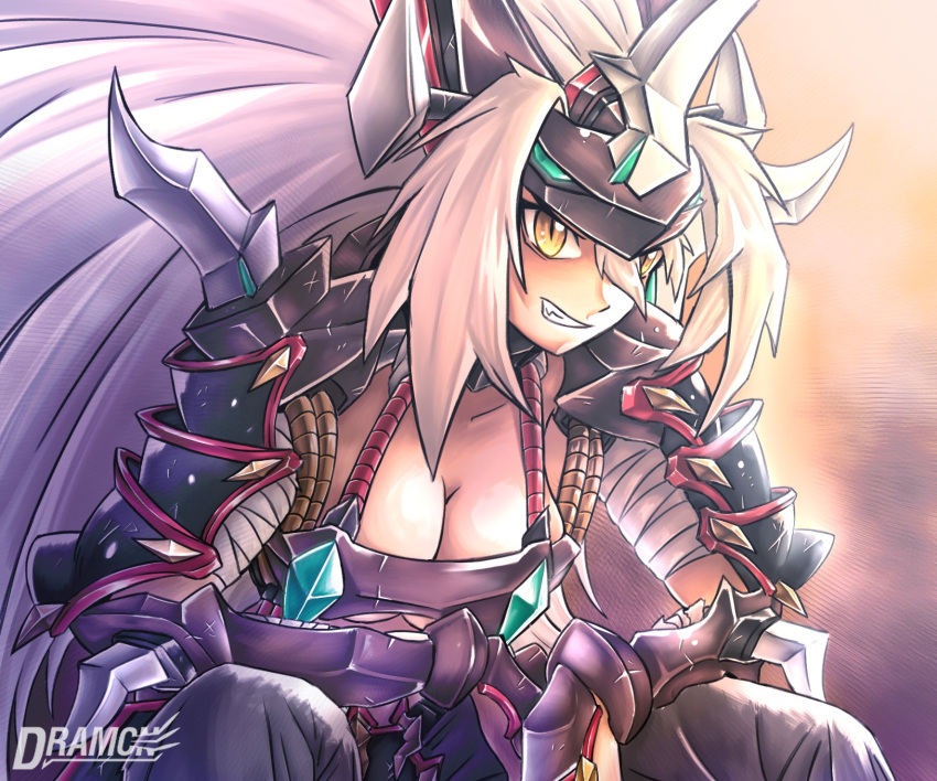 armor artist_name bandages bent_over breasts chinese_zodiac cleavage cosplay digimon dramonbt female gaioumon gauntlets hair_between_eyes hands_on_lap hands_on_own_legs highres horns large_breasts long_hair oerba_yun_fang personification shoulder_armor sitting slit_pupils smirk solo white_hair year_of_the_dragon yellow_eyes