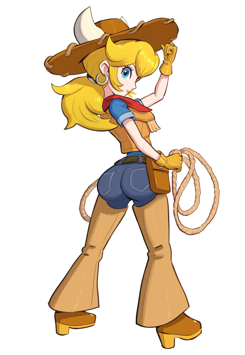 absurdres ass belt blonde_hair blue_eyes chaps cowboy_hat cowgirl_(western) cowgirl_peach earrings eyelashes fake_horns female gloves gonzarez hat highres horned_headwear horns jewelry lasso long_hair looking_at_viewer mario_(series) official_alternate_costume ponytail princess_peach princess_peach:_showtime! scarf shirt simple_background smile solo sphere_earrings