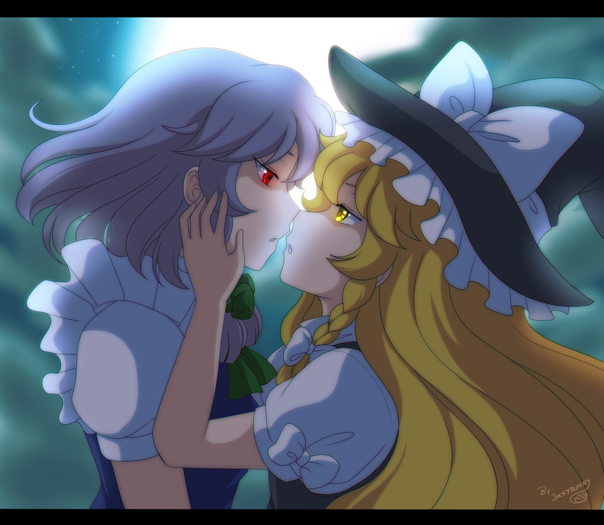 2girls anime_coloring artist_name backlighting bad_id bad_pixiv_id blonde_hair blue_vest braid eye_contact face-to-face full_moon glowing glowing_eyes grey_hair hands_on_another's_face hat hat_ribbon highres imminent_kiss izayoi_sakuya jackybunny kirisame_marisa letterboxed long_hair looking_at_another moon multiple_girls night no_headwear outdoors parted_lips puffy_short_sleeves puffy_sleeves red_eyes ribbon short_hair short_sleeves single_braid touhou upper_body vest witch_hat yuri